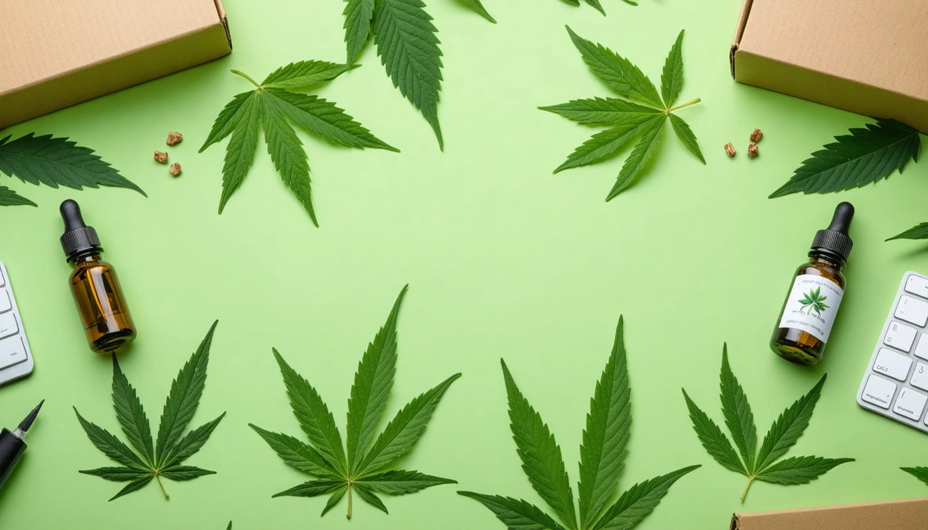 Green cannabis leaves on a light green background with two brown dropper bottles and scattered seeds