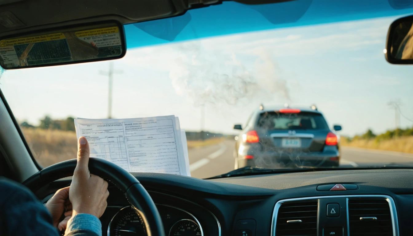 Driver holding a paper, steering wheel visible, following a car on a two-lane road, blue sky and fields in the background