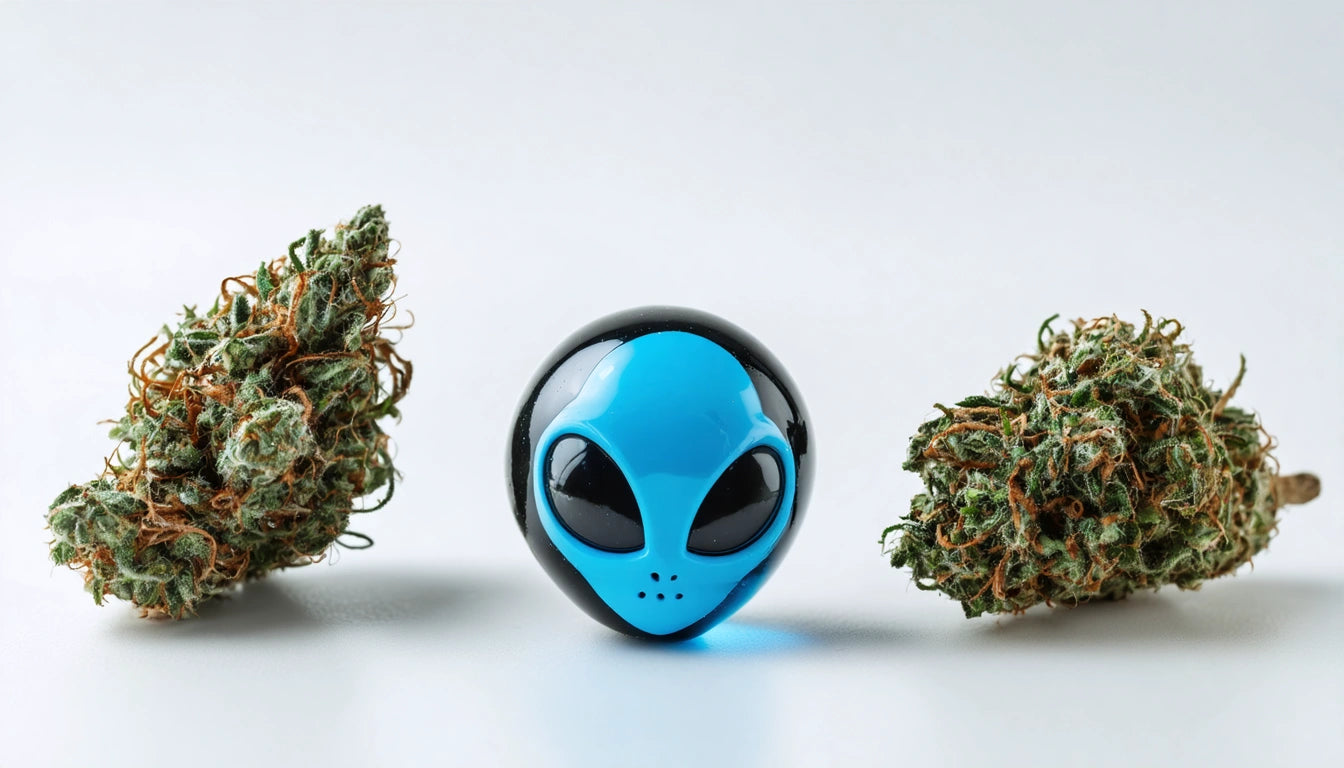 Blue alien-shaped object between two green, textured plant buds on a white surface