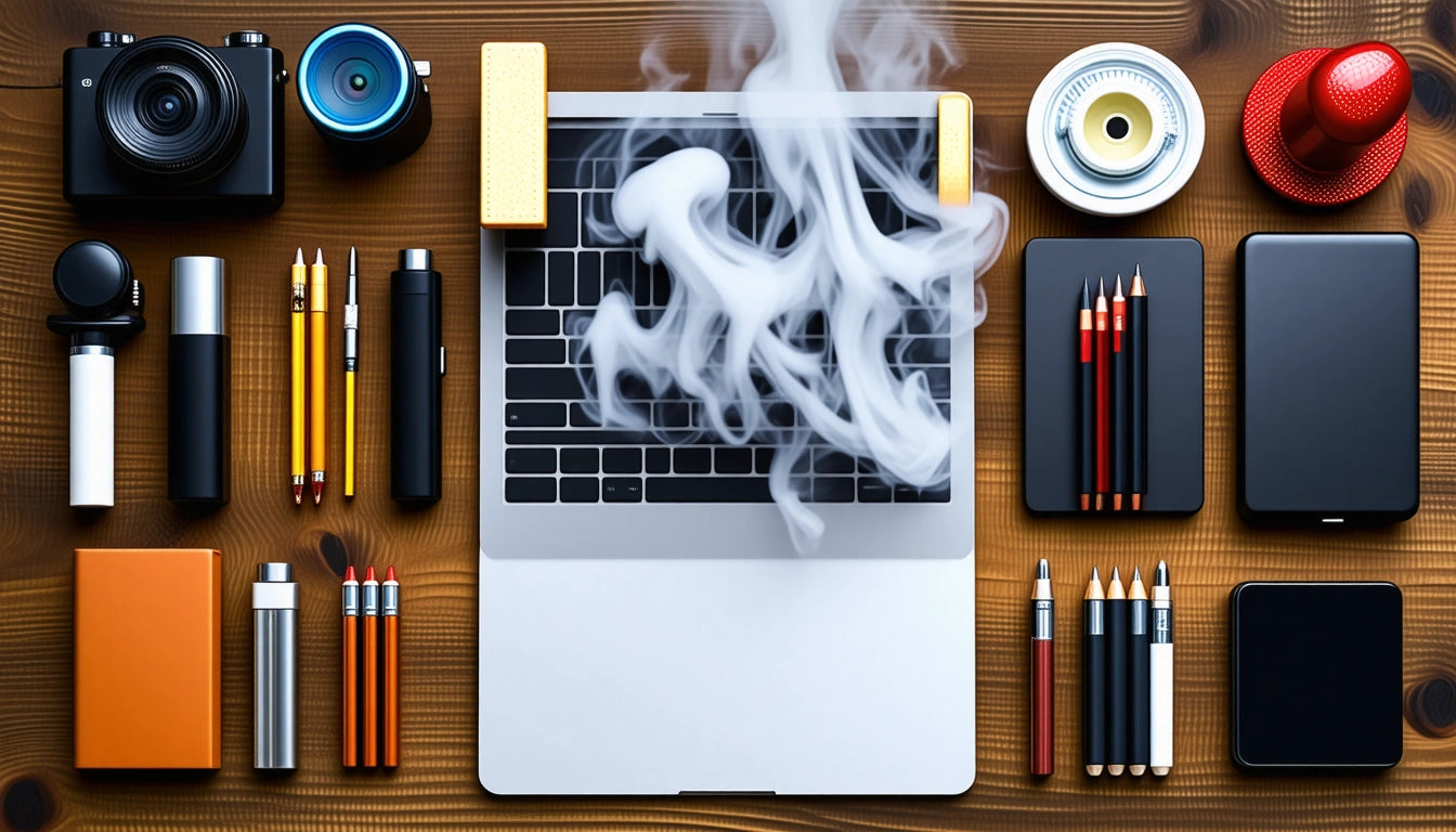 Open laptop with smoke on keyboard, surrounded by cameras, pencils, pens, notebooks, and a coffee cup on a wooden table
