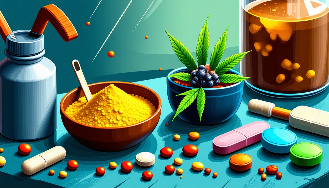 Bowl of yellow powder, blue bowl with leaves and berries, assorted pills, spray bottle, and a large jar with liquid on a table