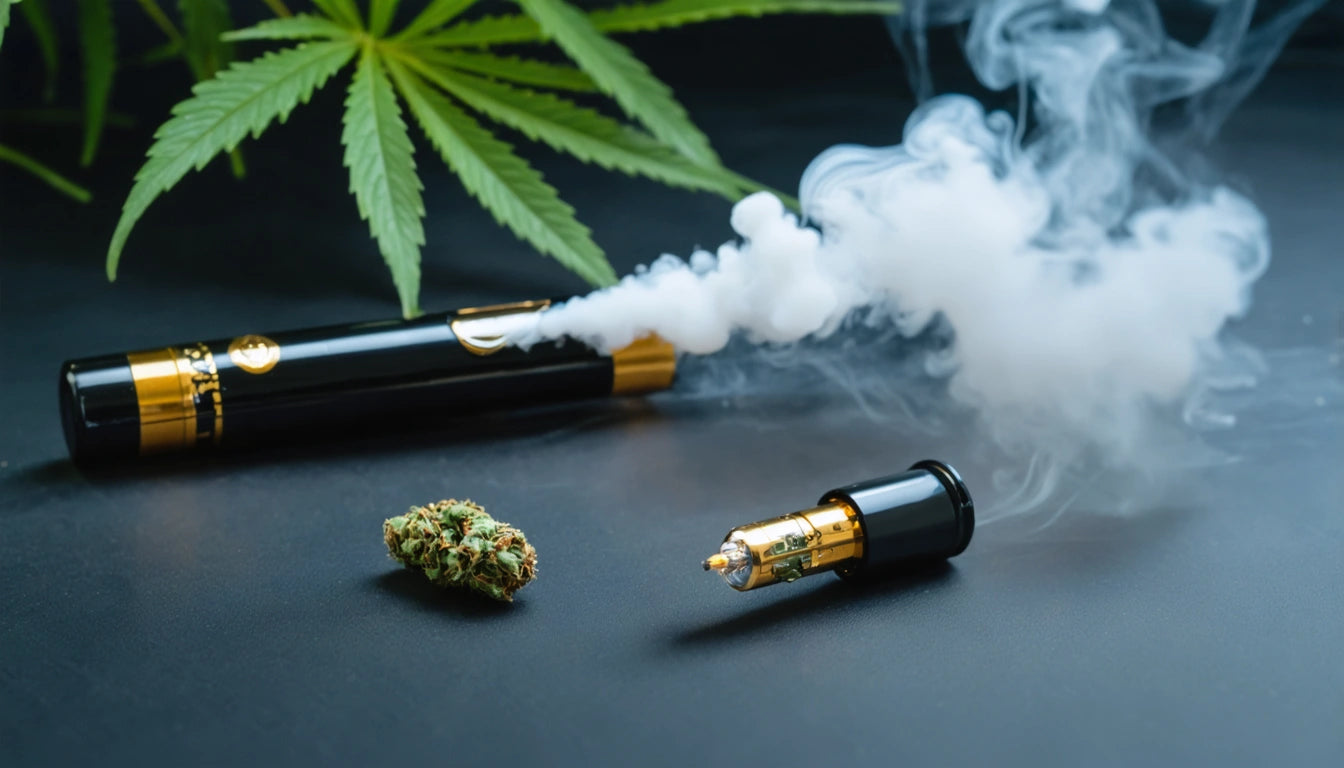 Vape pen emitting smoke, cannabis bud, and cartridge on black surface with green leaves in background