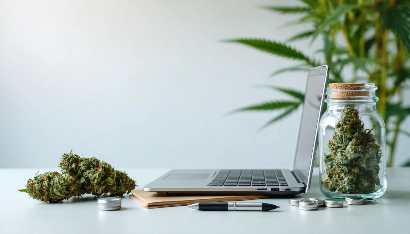 Open laptop on desk with cannabis buds, jar, notebook, pen, and stacked coins; green plant in background