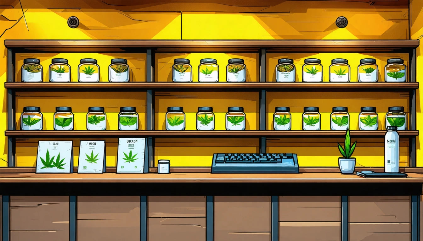 Jars with green leaf labels on shelves, wooden counter with keyboard, small plant, and product boxes. Bright yellow lighting