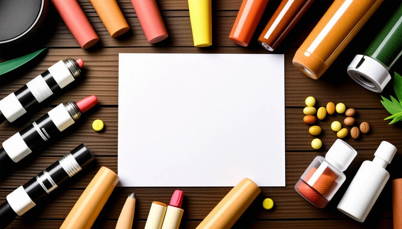 White blank paper centered on a wooden surface, surrounded by colorful tubes, bottles, and scattered pills