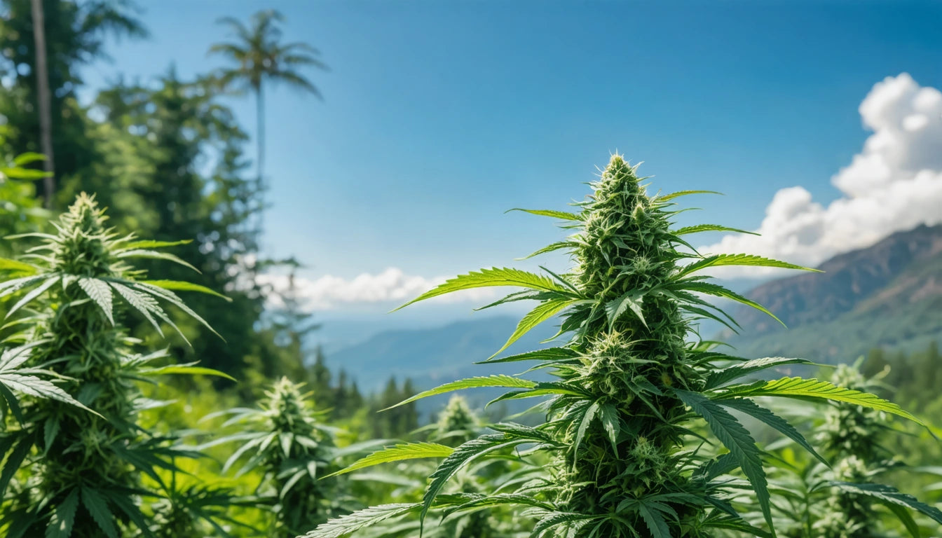 Tall green plant with pointed leaves and buds in foreground, lush trees and mountains in background under clear blue sky