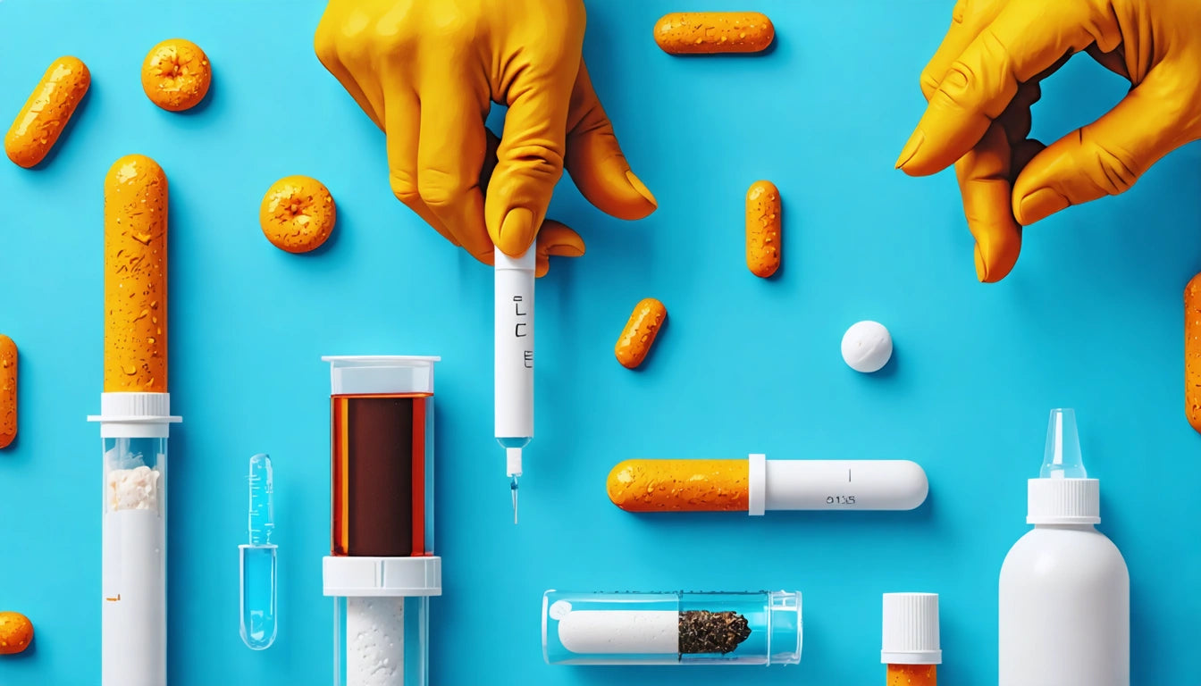 Gloved hands holding syringe above orange capsules and test tubes on blue background