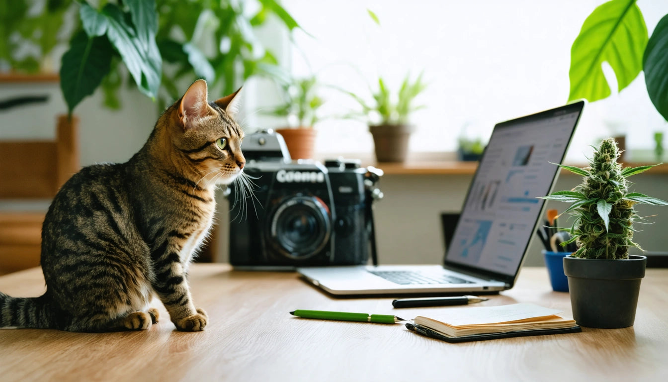 Tabby cat sitting on wooden table near open laptop, camera, notebook, pen, and potted plants in background