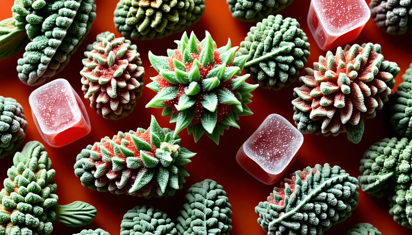 Green and red frosted pinecone-shaped confections and red gummy cubes on an orange surface