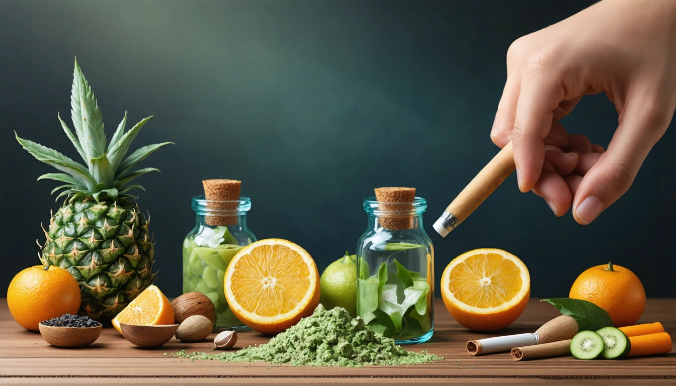 Pineapple, oranges, and green apples beside glass jars, green powder, and a hand holding a wooden pipe on a wooden surface