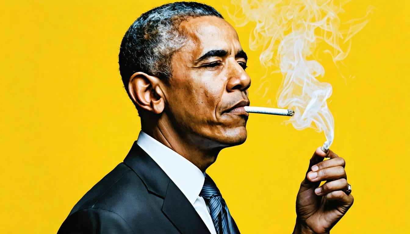 Man in suit smoking a cigarette, exhaling smoke against a bright yellow background
