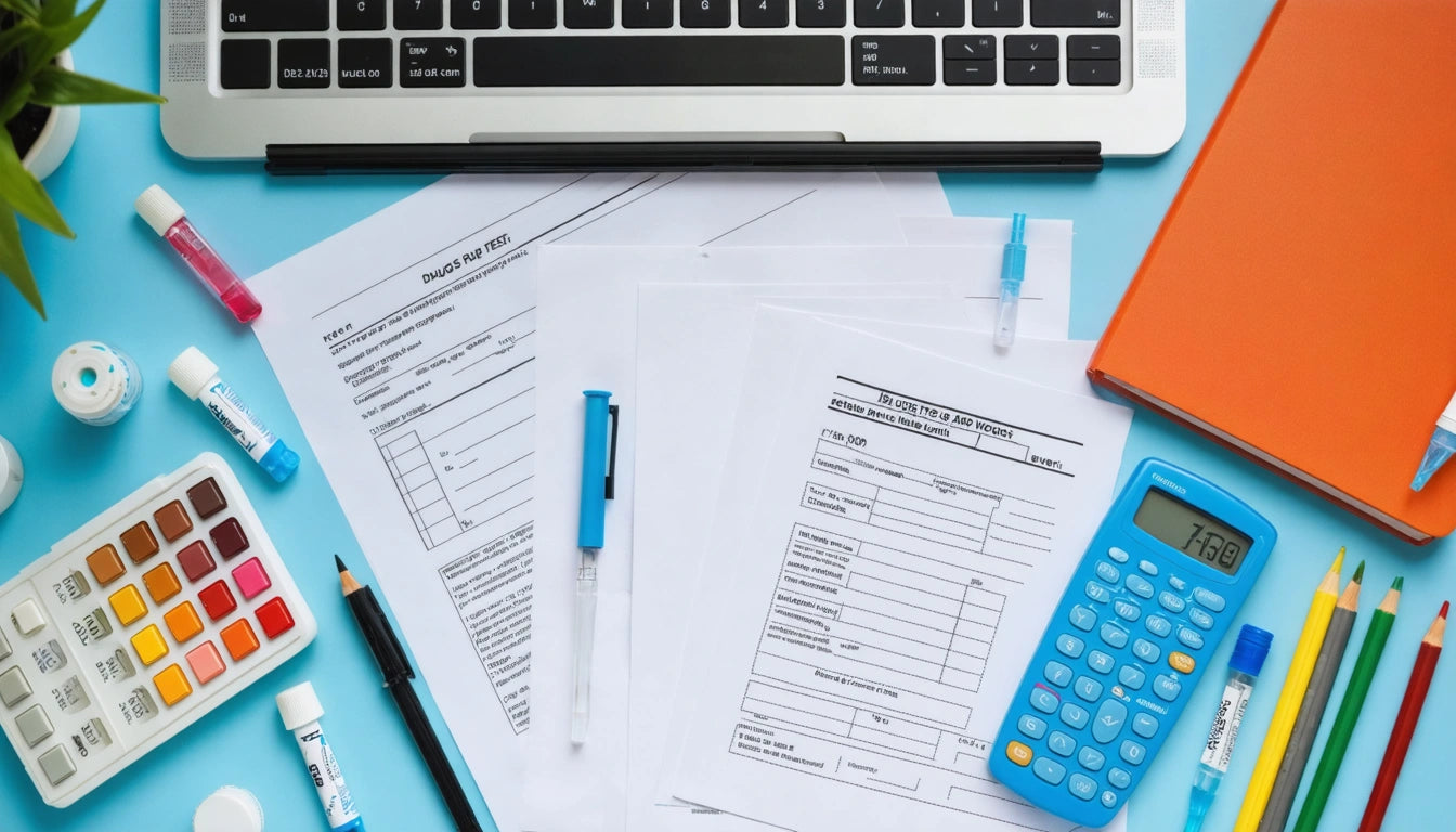 Laptop keyboard above scattered tax forms, blue calculator, pens, watercolor set, and orange notebook on blue surface