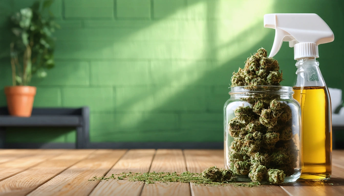 Glass jar filled with green buds next to a spray bottle with amber liquid on wooden surface, green wall background