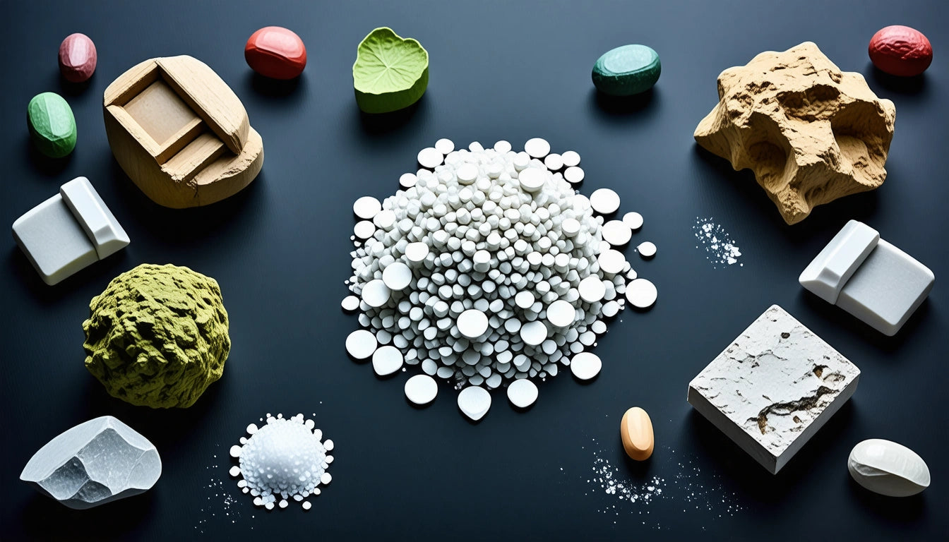 Various textured objects and piles of white spheres on a dark surface, including rocks, tablets, and geometric shapes