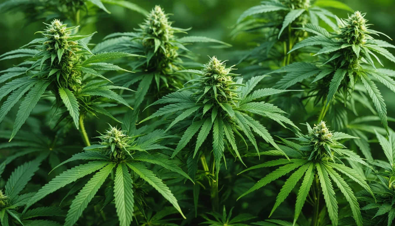Green cannabis plants with dense leaves and buds, set against a blurred green background