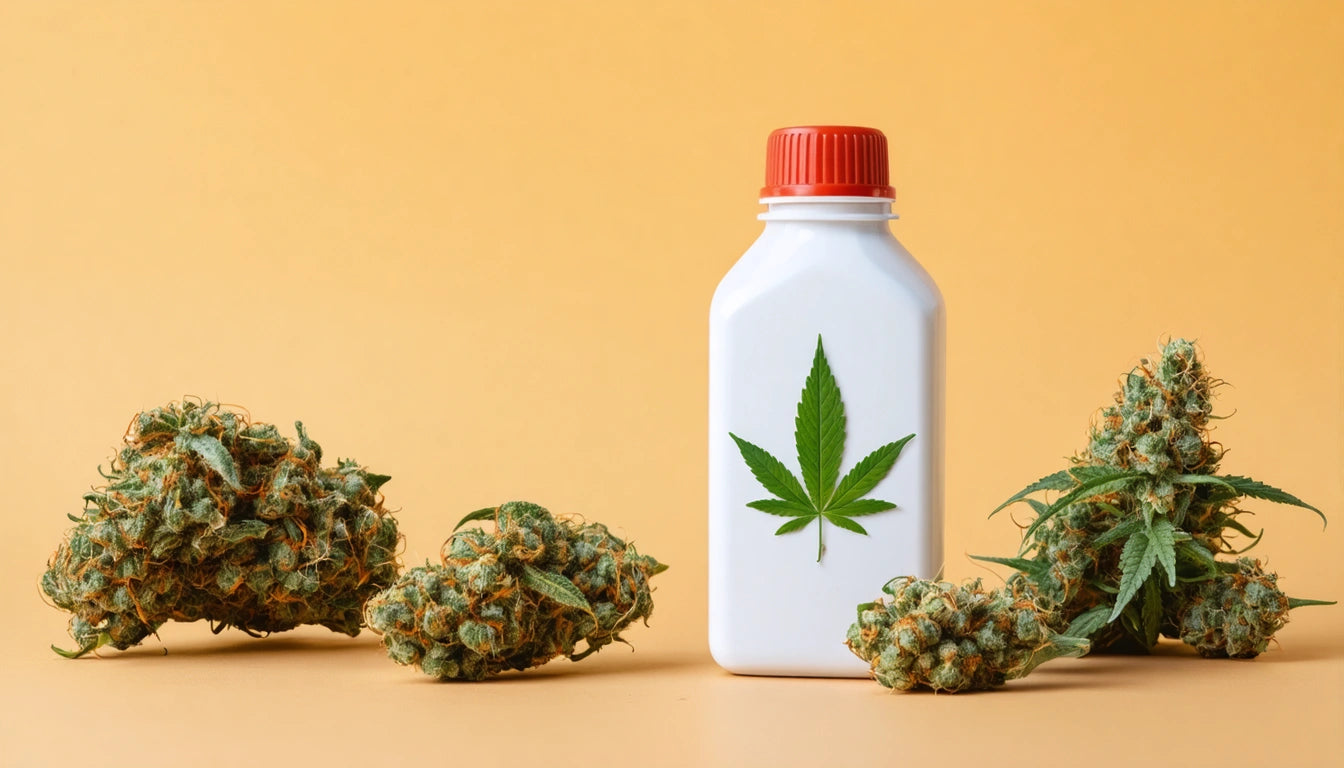 White bottle with red cap and green leaf, surrounded by clusters of green buds, on an orange background