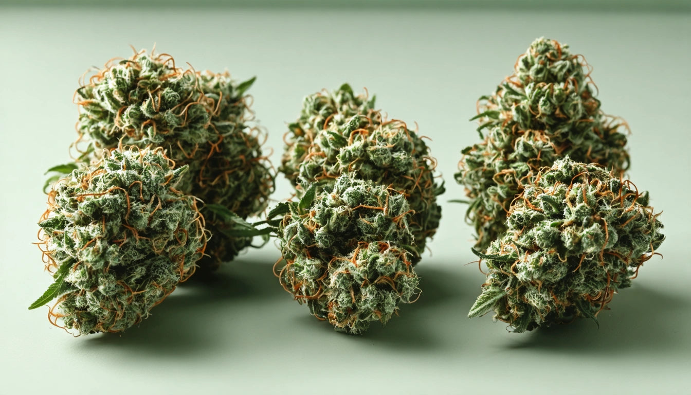 Five dense, green buds with orange hairs on a light green surface