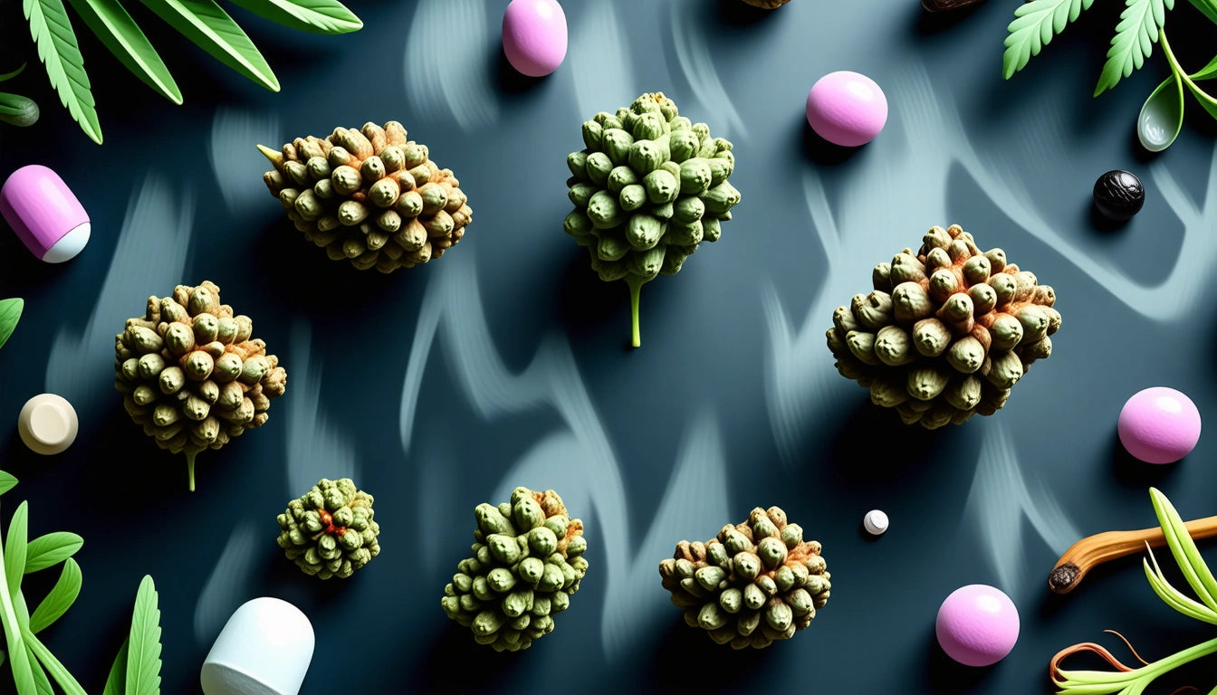 Green pine cones and pink, white, and black capsules scattered on a dark surface with wavy patterns