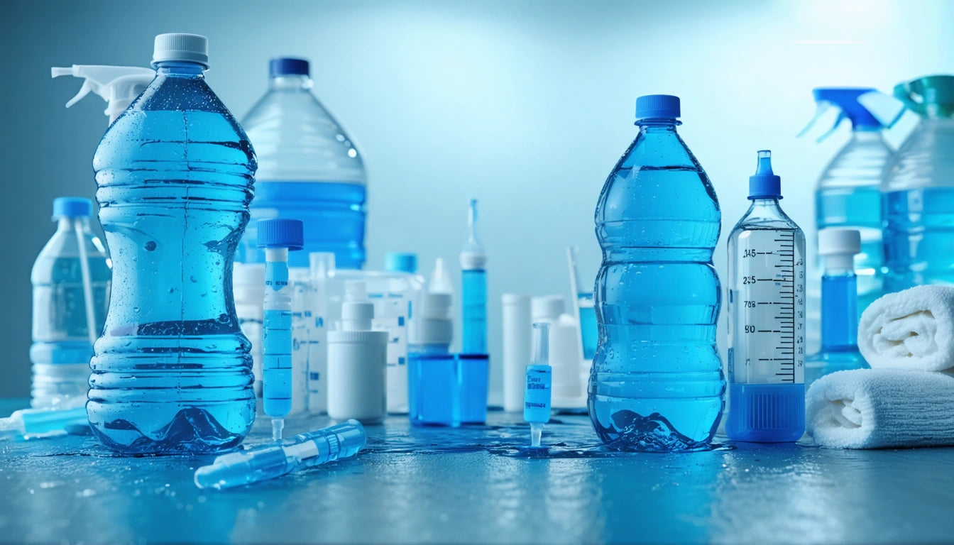 Various blue-tinted plastic bottles and containers on a wet surface, with towels and syringes scattered around