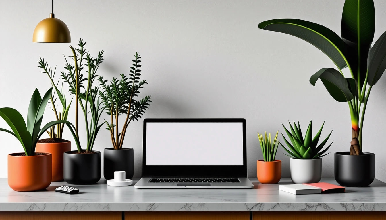 Laptop on marble desk surrounded by various potted plants, including tall leafy and small succulents, with a golden pendant light above