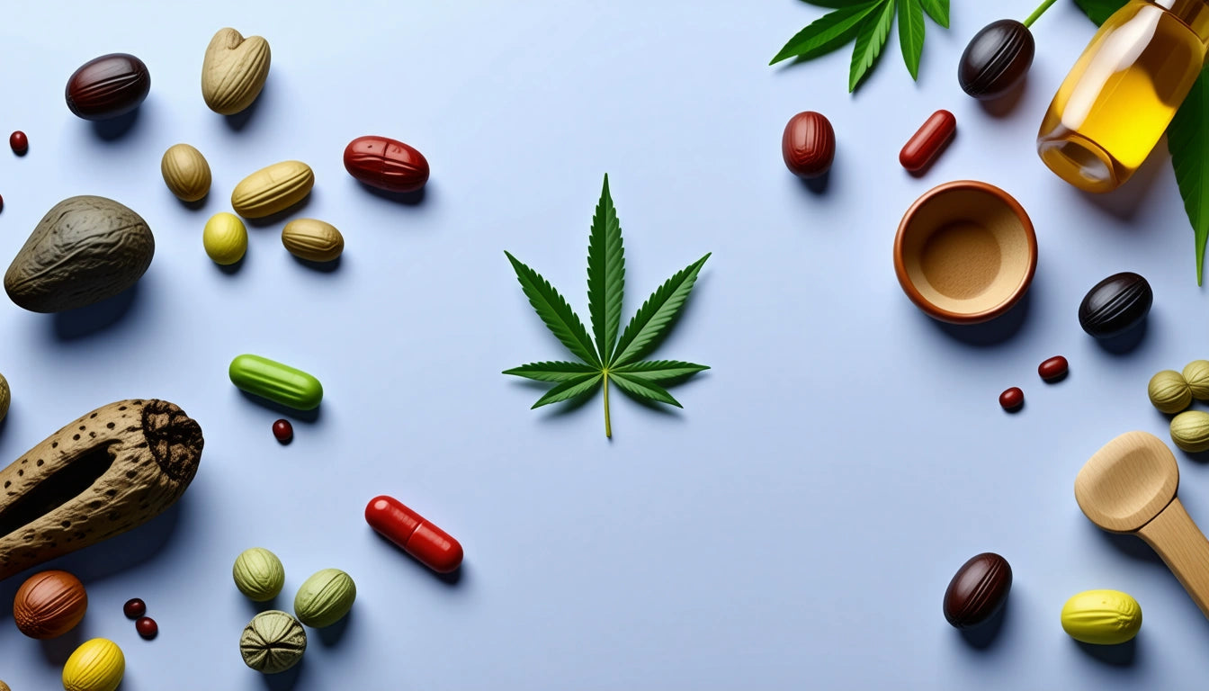 Green cannabis leaf centered on a light surface, surrounded by assorted pills, nuts, a wooden bowl, and green leaves