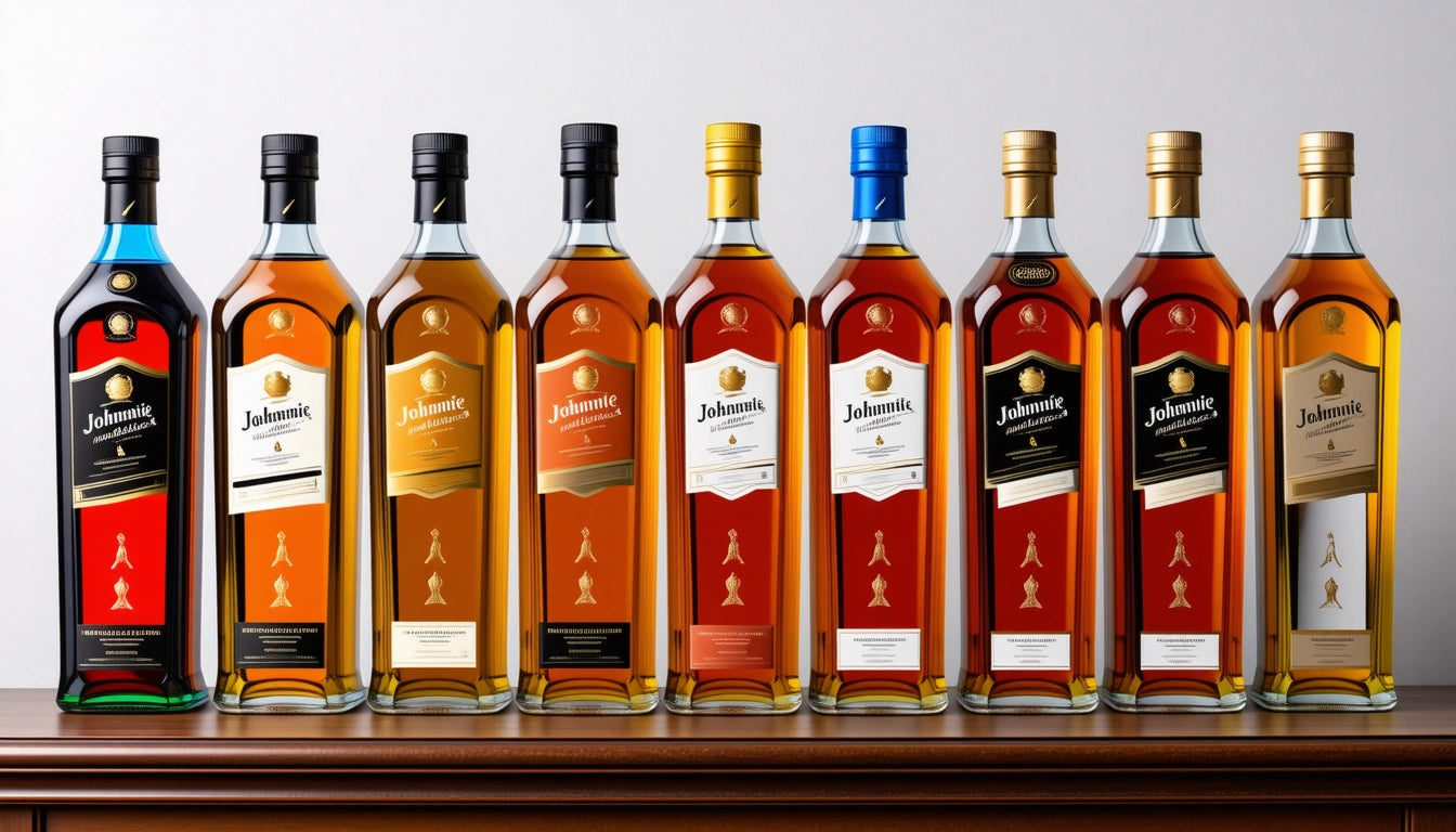 Nine bottles of whiskey with various colored labels and caps, arranged in a row on a wooden surface against a plain background