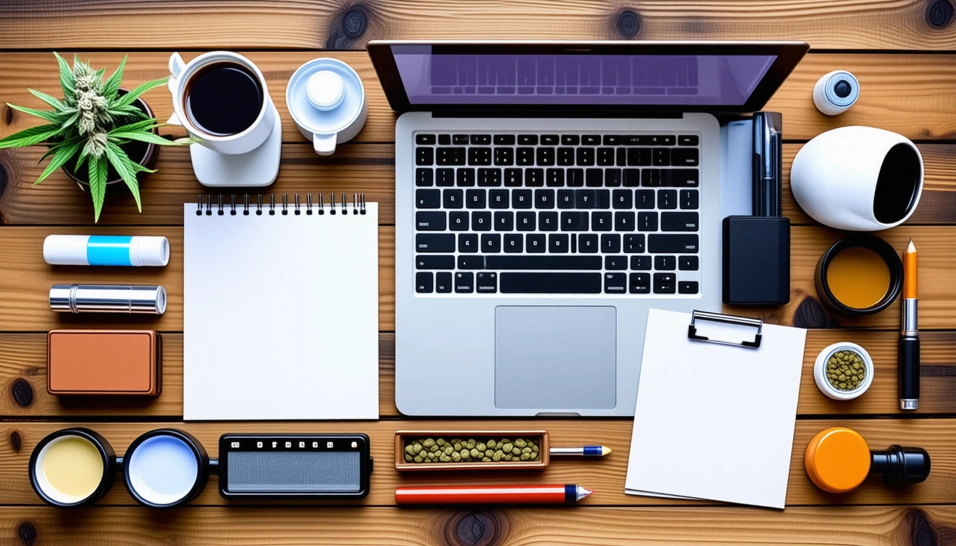 Laptop on wooden table surrounded by notepad, coffee cup, plant, pens, speaker, and various small containers