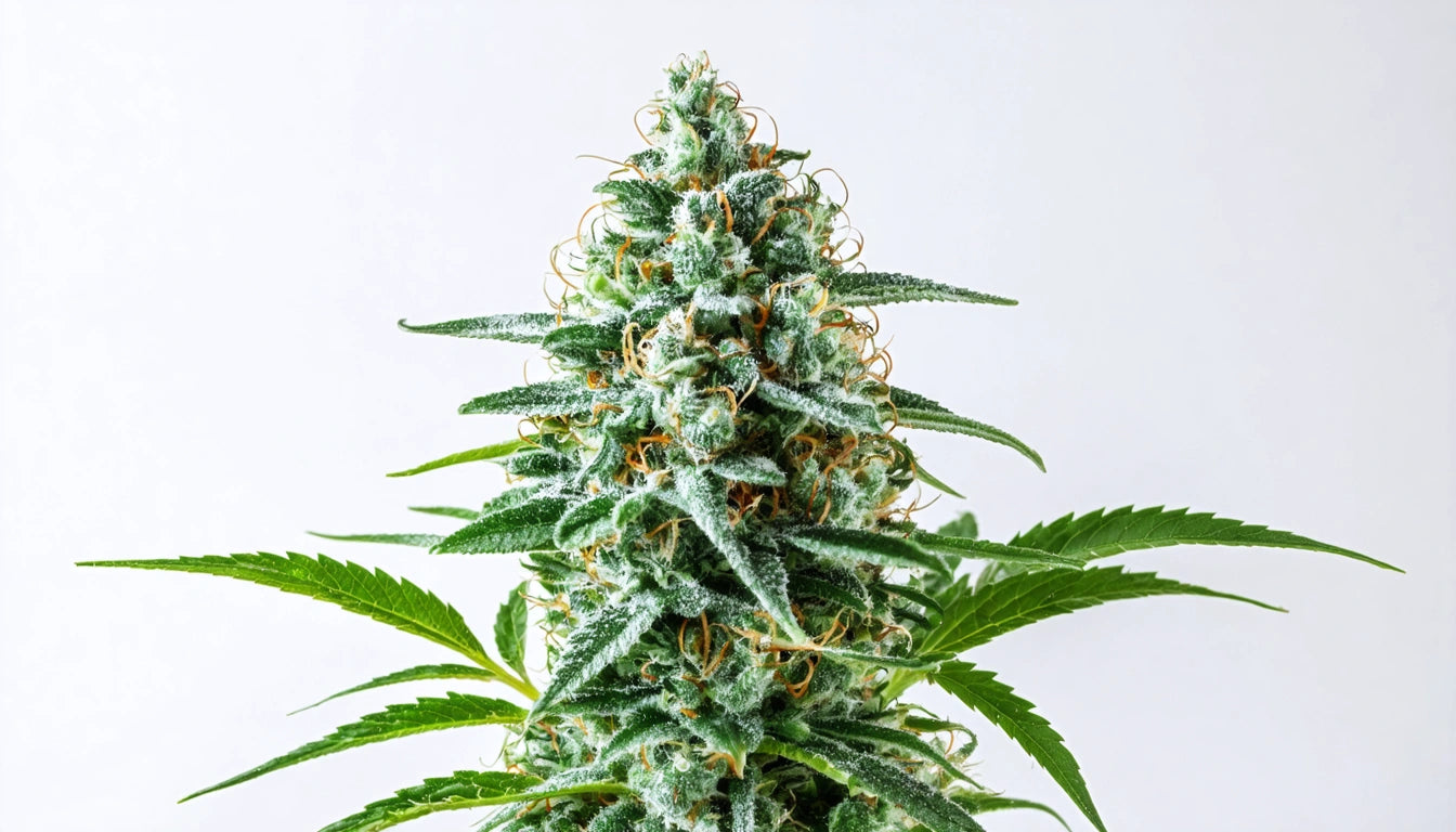 Dense green plant with pointed leaves and orange strands, covered in white crystals, against a plain white background