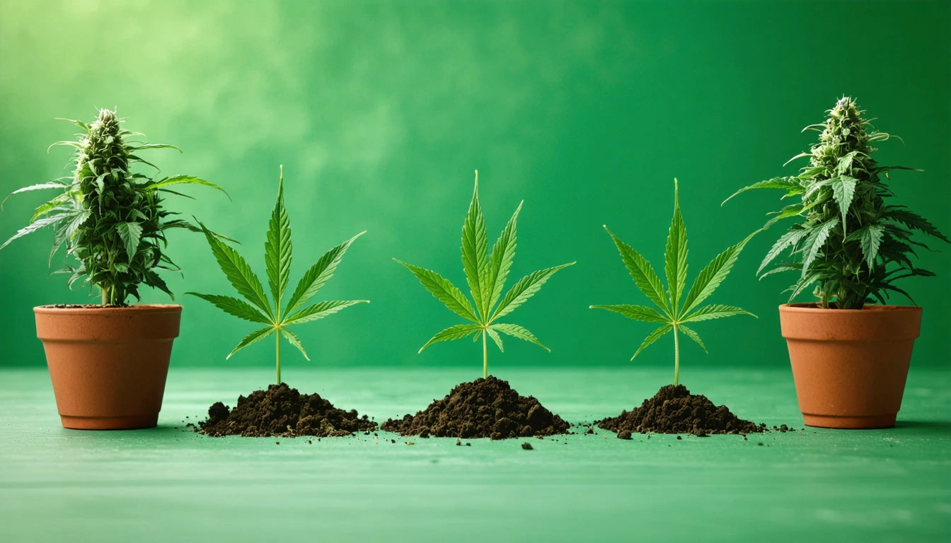 Two potted plants and three leaf stems in soil against a green background