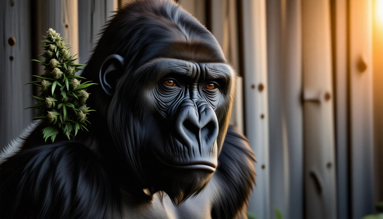 Gorilla with detailed fur, holding a leafy branch, against a wooden fence background with warm sunlight