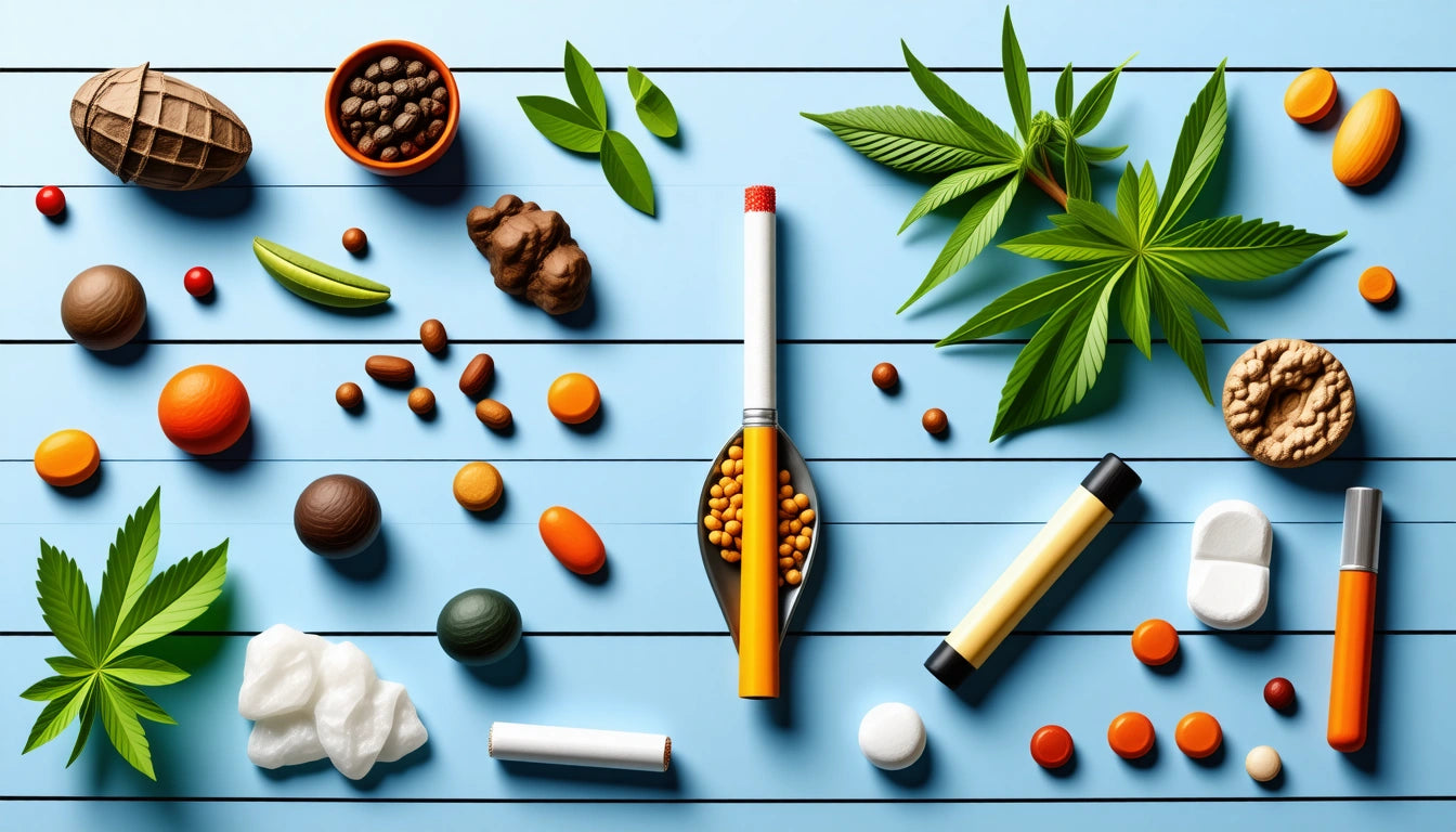 Assorted pills, capsules, and natural items like leaves and nuts arranged on a blue striped surface