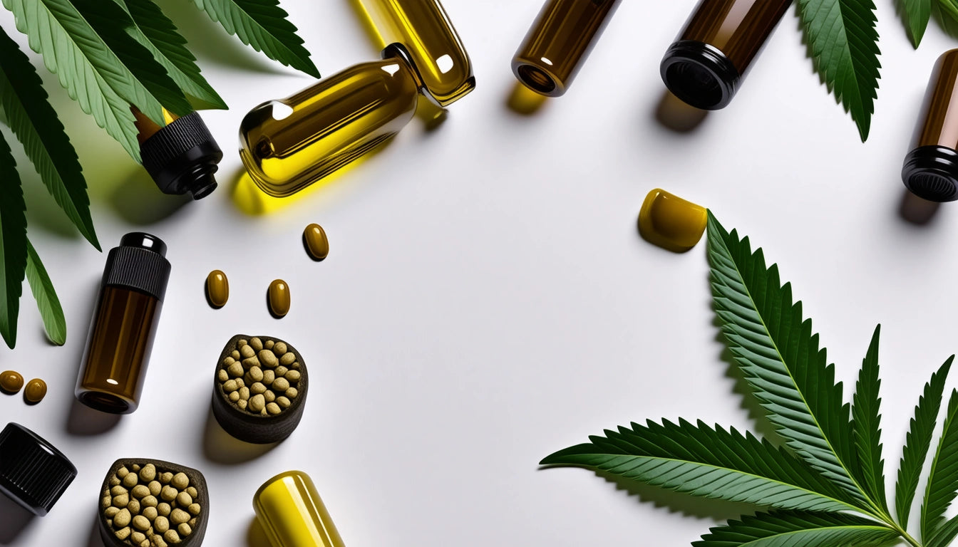 Brown glass bottles, capsules, and green leaves scattered on a white surface