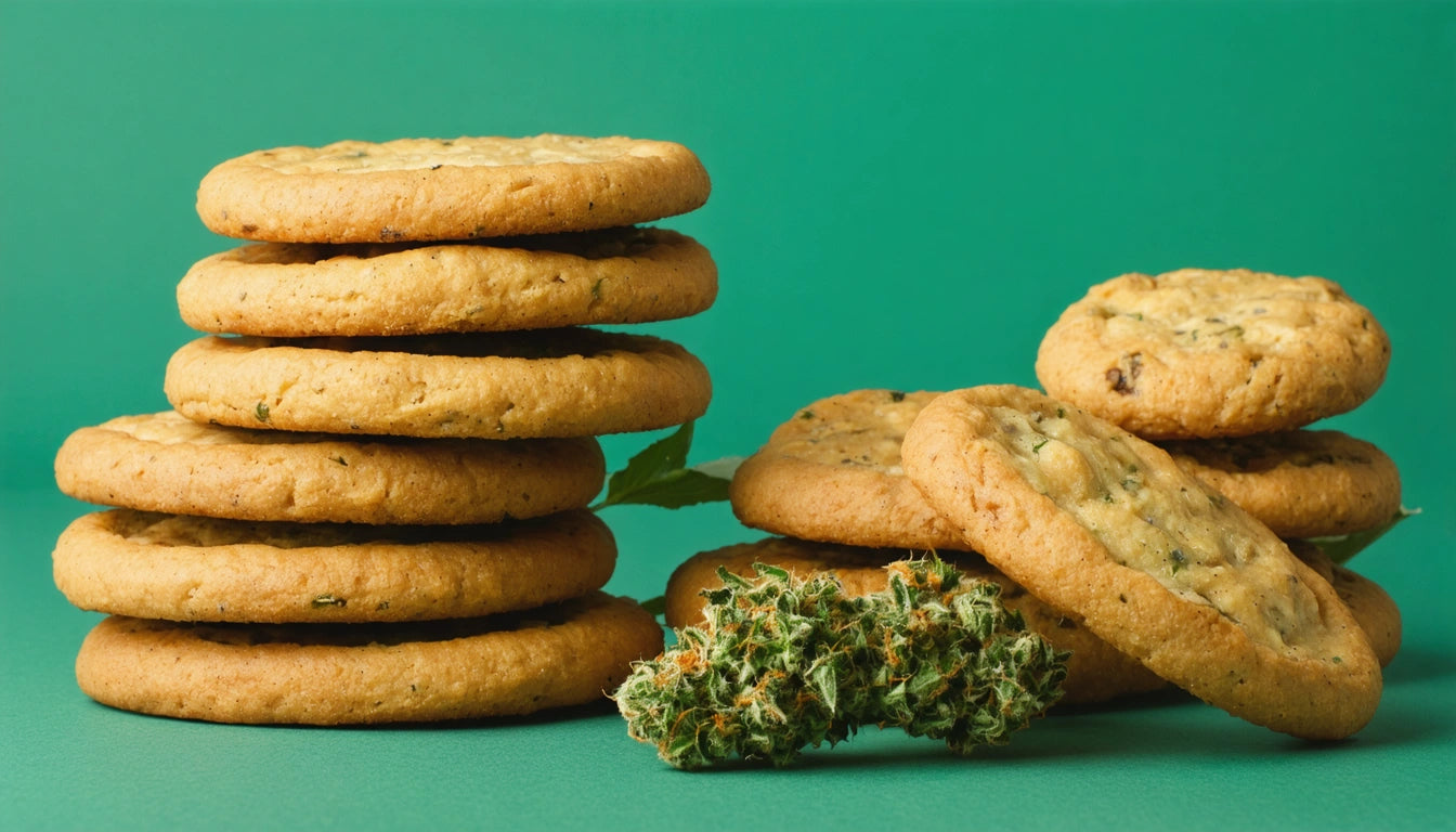Stacks of round cookies next to a cluster of green, spiky plant buds on a green background