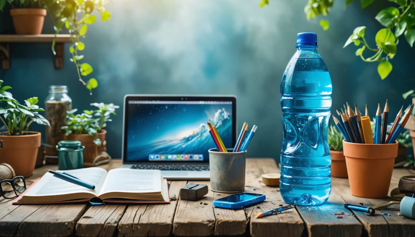 Open laptop on wooden table, surrounded by plants, open book, pencils in a cup, a large water bottle, and a smartphone
