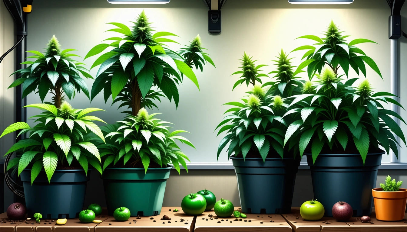 Potted plants with large green leaves under bright lights, surrounded by small pots and scattered green apples on a wooden surface