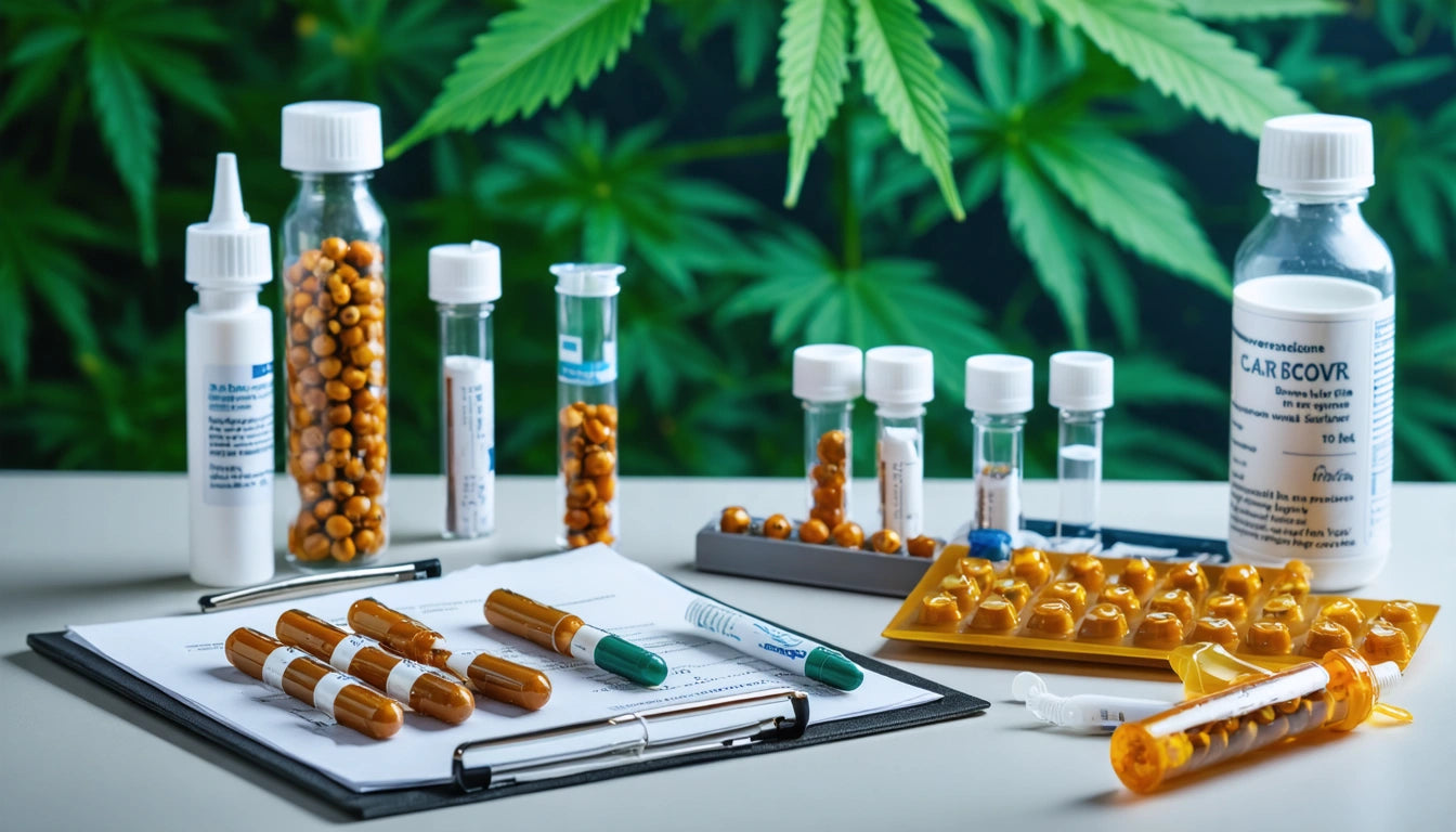 Various pill bottles, capsules, and syringes on a table with green cannabis leaves in the background
