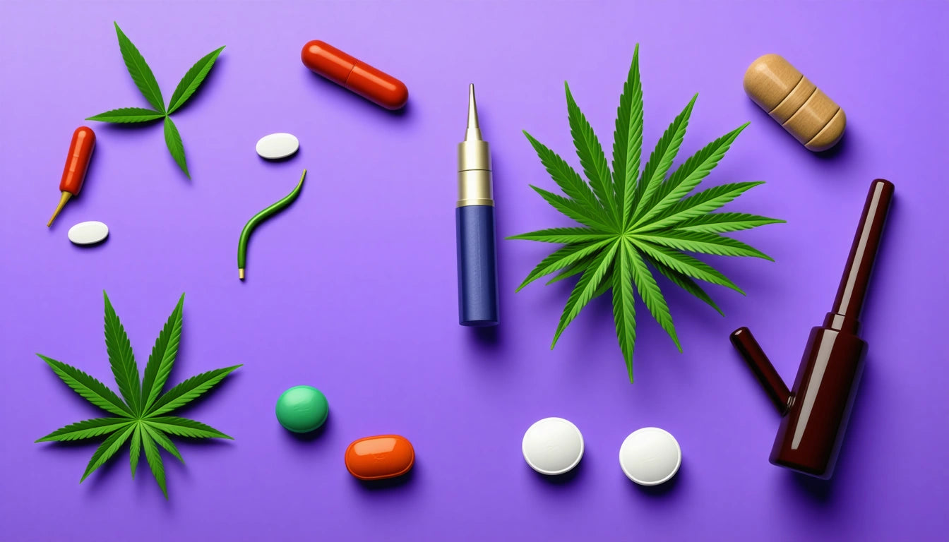 Cannabis leaves, various pills, a dropper bottle, and a vape pen on a purple background