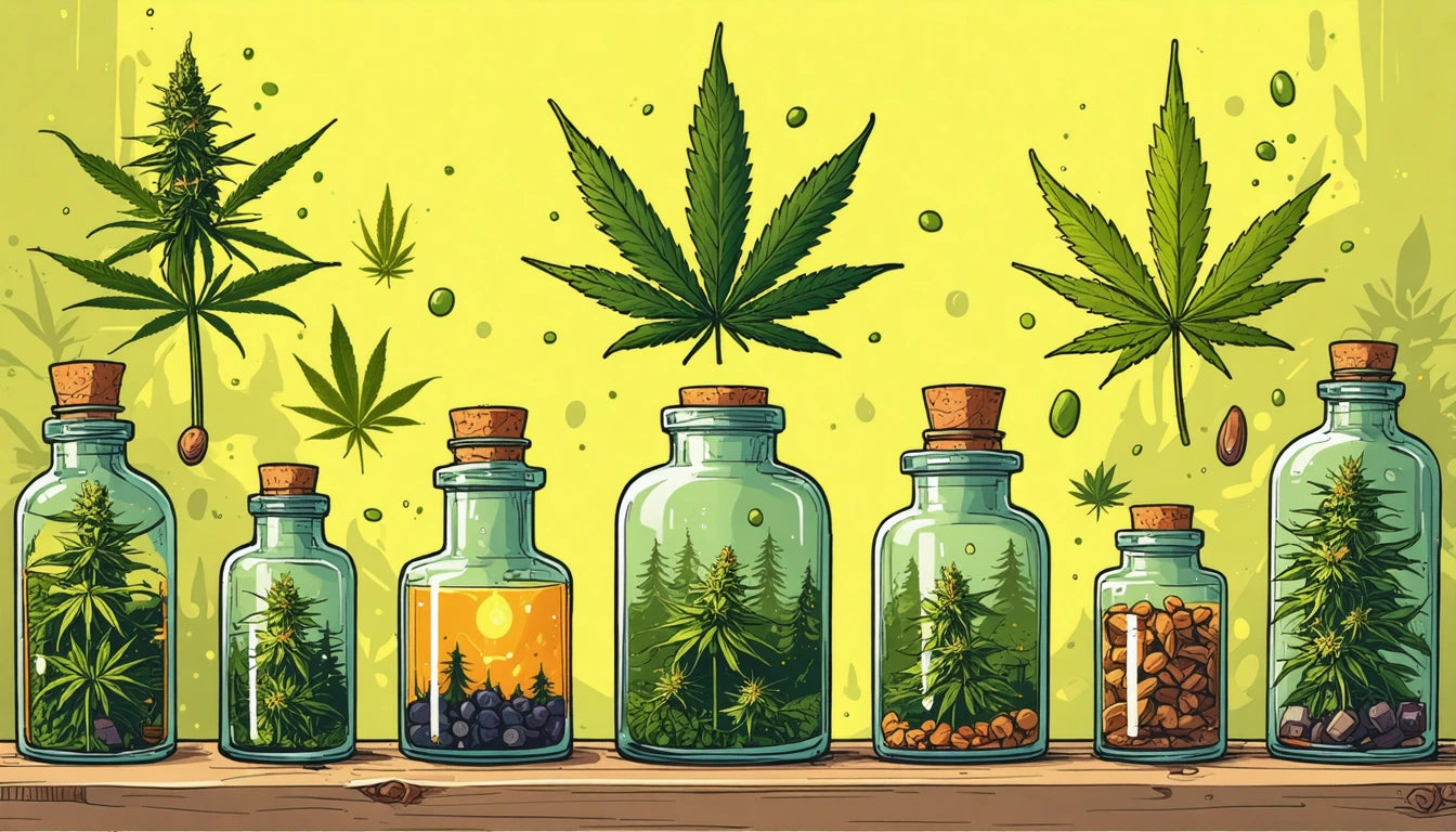 Glass jars with cork lids containing plants and seeds, large green leaves floating above, set against a yellow background