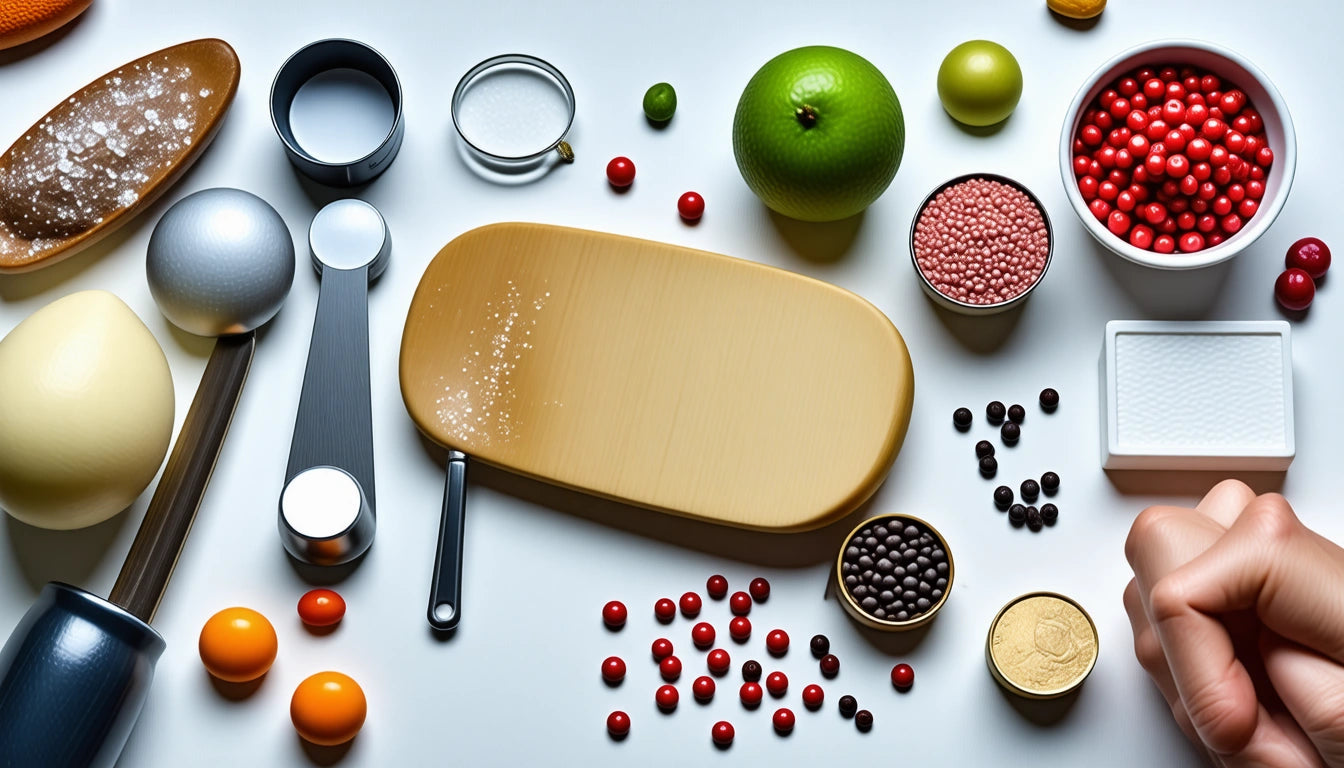 Assorted kitchen tools, spices, and fruits on a white surface, including measuring spoons, a cutting board, and various berries