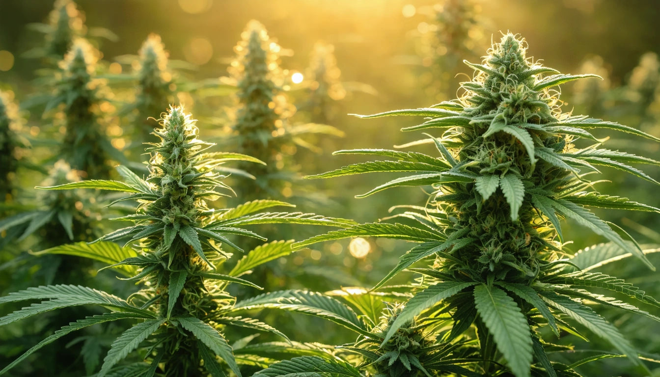 Sunlit green plants with pointed leaves and dense clusters, surrounded by a warm, golden glow in the background