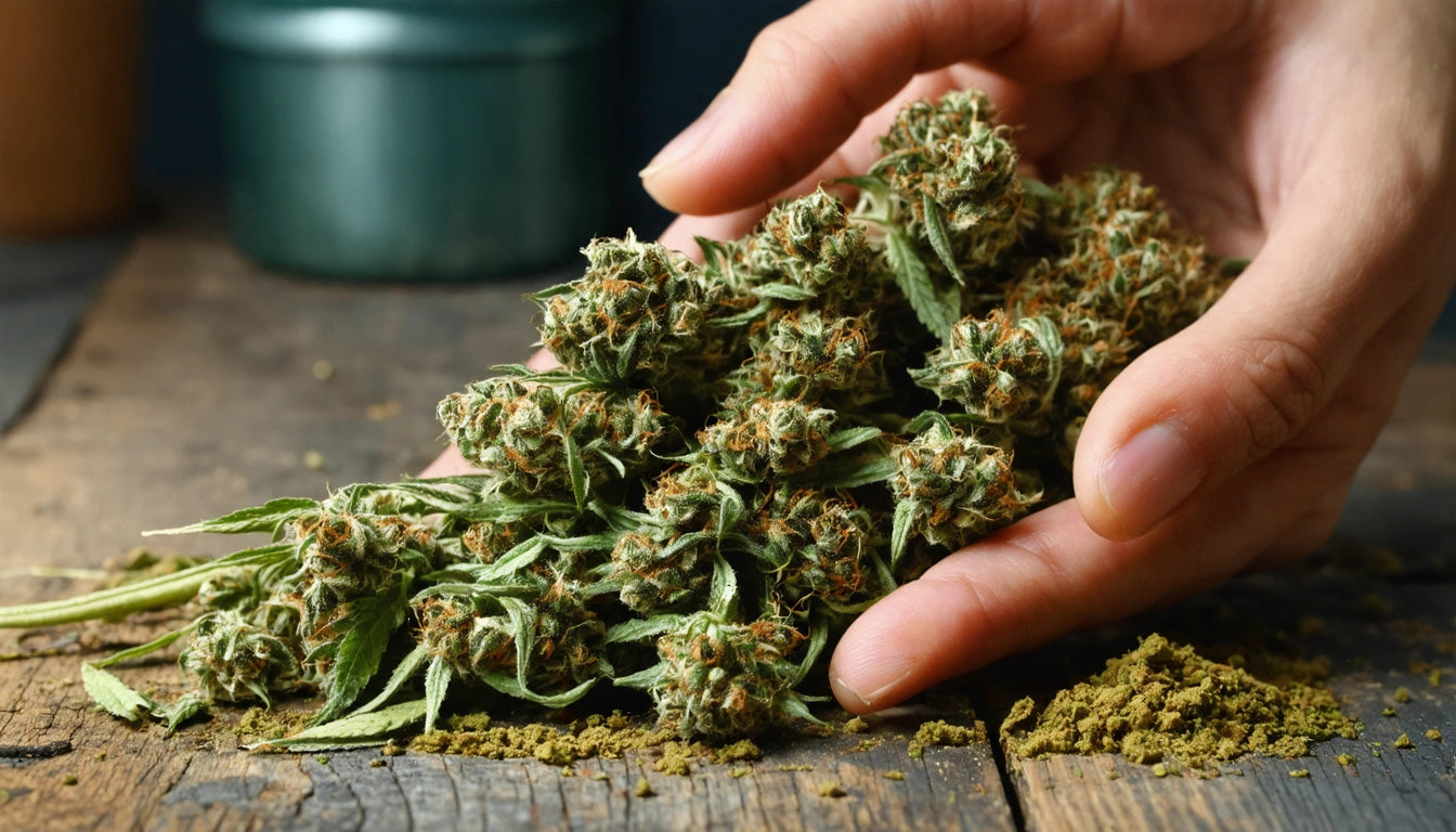 Hand holding a cluster of dried green and brown buds on a wooden surface, with a green container in the background