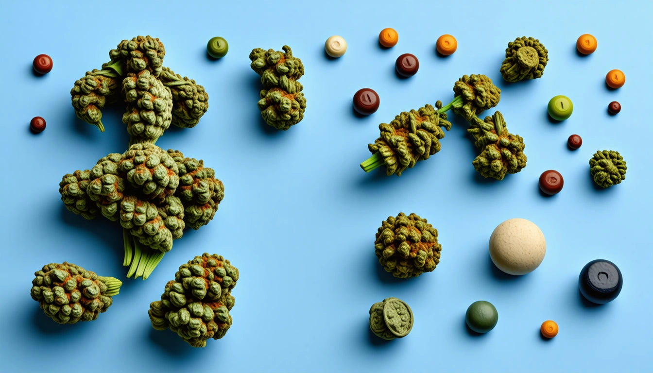 Green, textured clusters and assorted round objects scattered on a light blue background