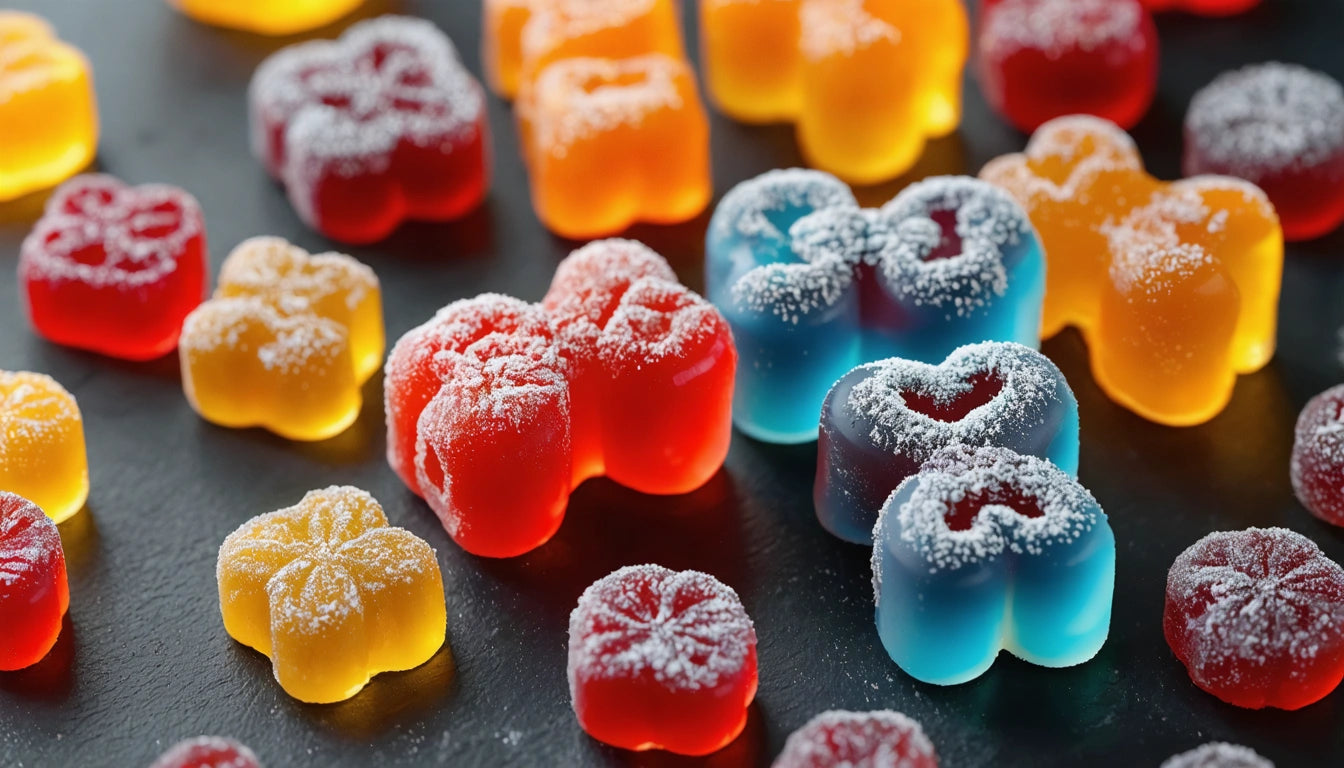 Colorful gummy candies shaped like flowers, dusted with sugar, in red, blue, orange, and yellow on a dark surface