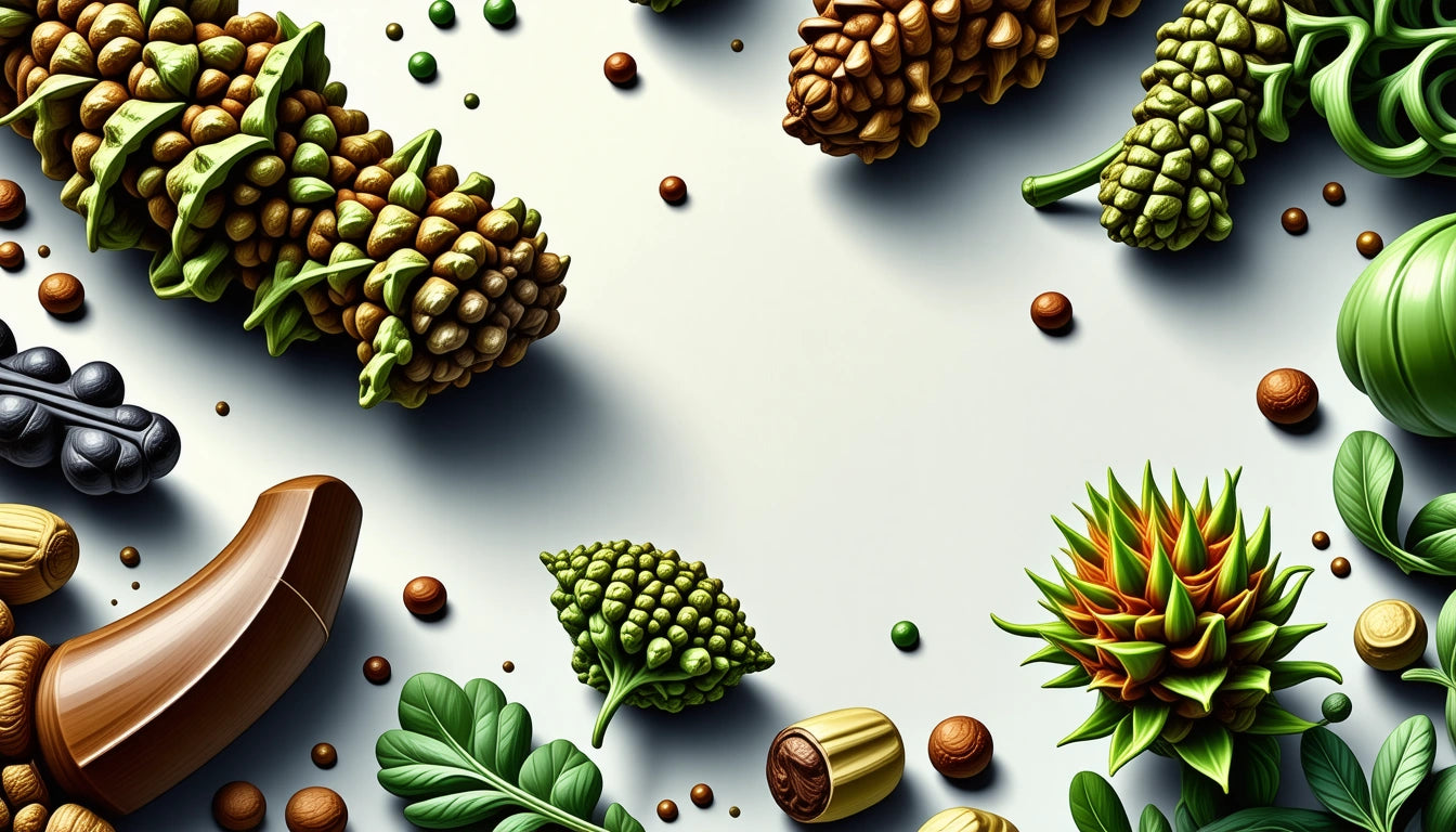 Various pine cones, leaves, and seeds scattered on a light surface, with a mix of green and brown hues