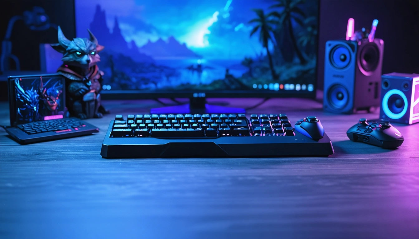 Keyboard and mouse on desk with colorful lighting, figurine and tablet on left, speakers and monitor displaying landscape on right