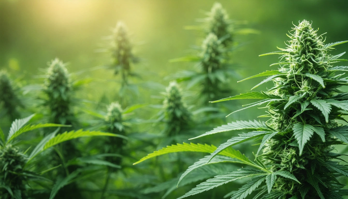 Green plants with pointed leaves and dense clusters, set against a blurred background with warm, glowing light