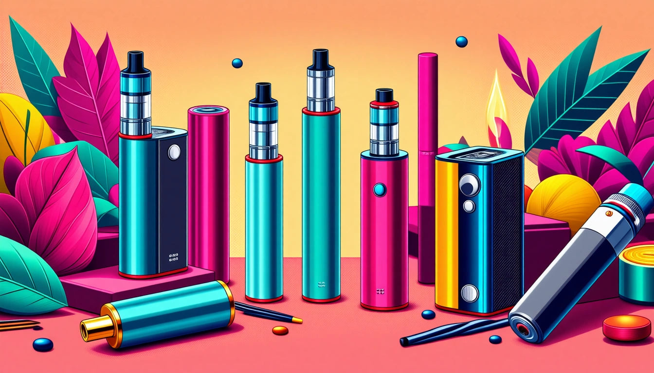 Colorful vape devices with metallic finishes, surrounded by abstract leaves and floating spheres on a gradient background