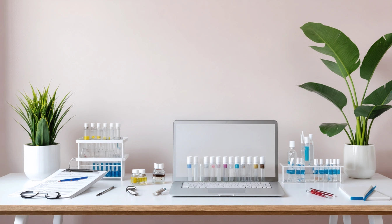 Laptop on desk with test tubes, potted plants, and documents; neutral wall background