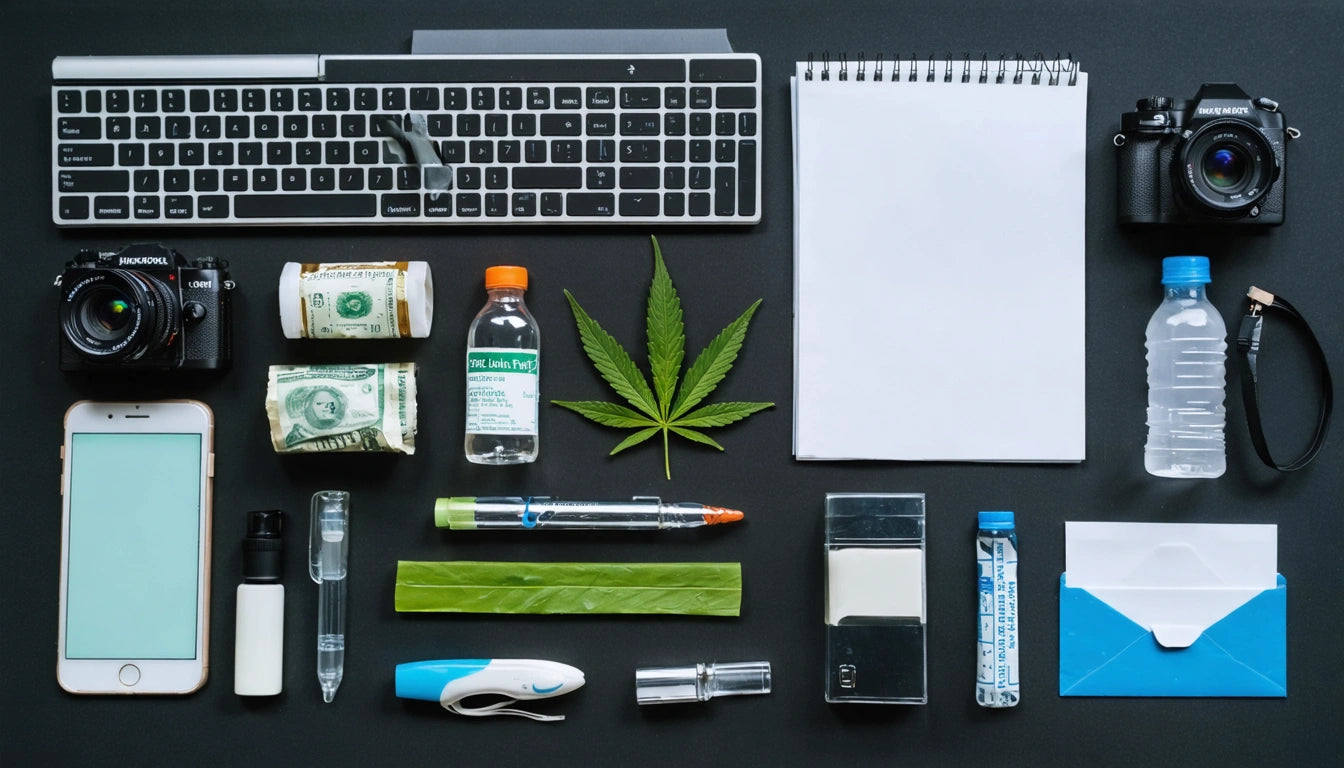 Keyboard, two cameras, notebook, water bottle, cash, leaf, phone, pen, inhaler, thermometer, and envelope on black surface