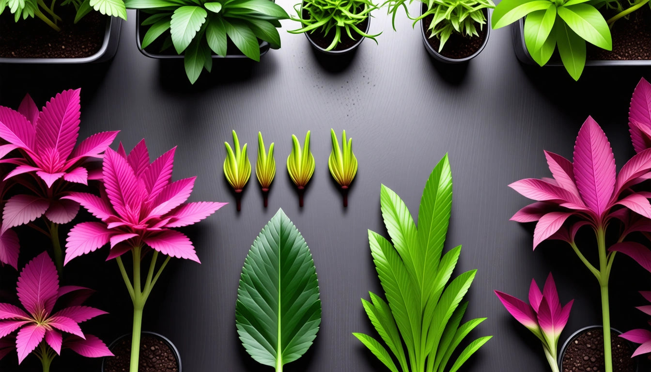 Vibrant green and pink plants in pots arranged on a dark surface, with various leaves and buds lined up in the center